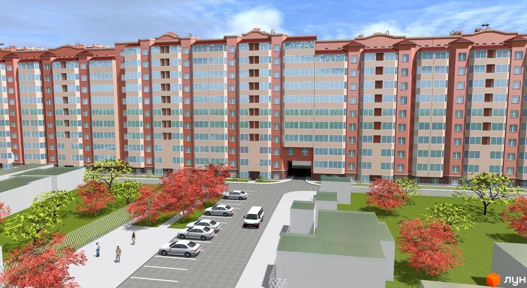 Житловий комплекс Никола-Град з фасадом у світлих тонах та великими вікнами. Прибудинкова територія з зеленими насадженнями та парковкою.