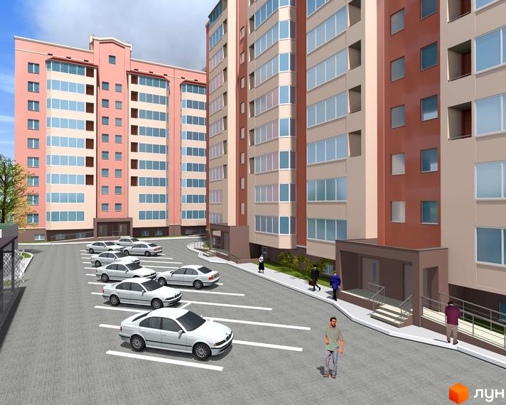 Житловий комплекс Никола-Град з сучасною архітектурою, прибудинкова територія з паркувальними місцями та зеленими насадженнями.