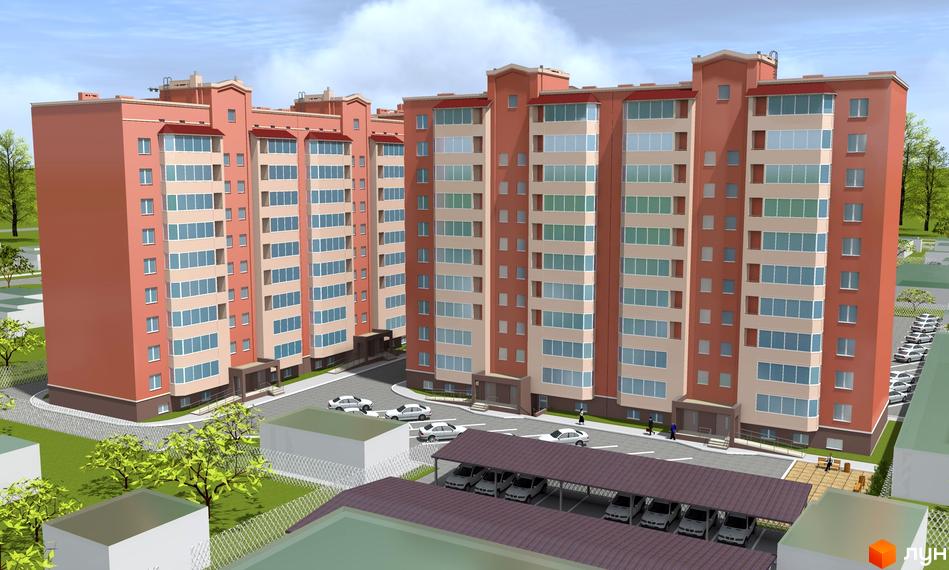 Зовнішній вигляд житлового комплексу ЖК Никола-Град з цегляними фасадами та великими вікнами. На прибудинковій території розташовані паркомісця та зелені насадження.