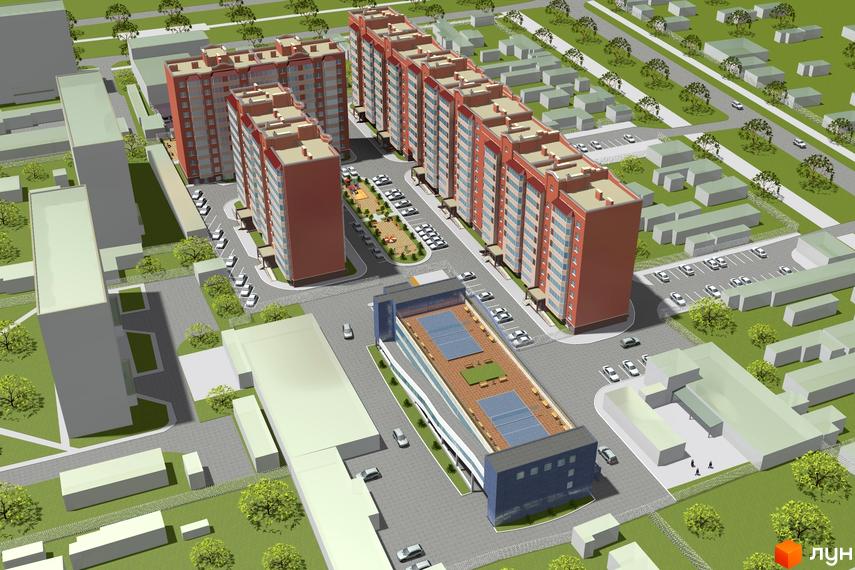 Житловий комплекс Никола-Град: багатоповерхові будинки червоного кольору з блакитними вікнами, прибудинкова територія з дитячим майданчиком та парковкою.