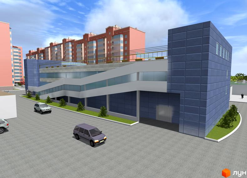 Зовнішній вигляд новобудови ЖК Никола-Град з багаторівневим паркінгом та житловими будинками. Прибудинкова територія з автомобілями та зеленими насадженнями.