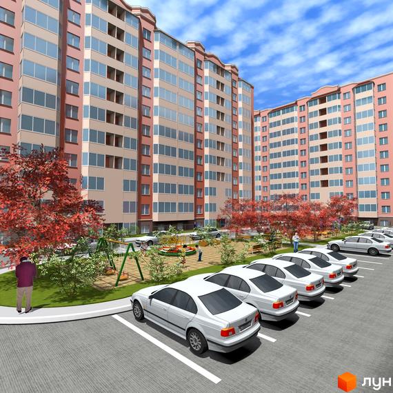 Житловий комплекс Микола-Град. Зовнішній вигляд будівель, паркінг з автомобілями та дитячий майданчик з гойдалками та гірками.