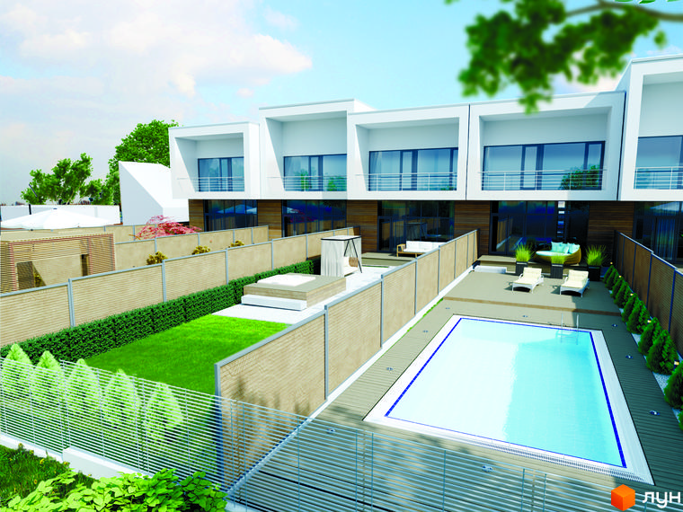 Таунхауси Green side з білими фасадами, великими вікнами та балконами. На прибудинковій території є басейн, газон та зони відпочинку.