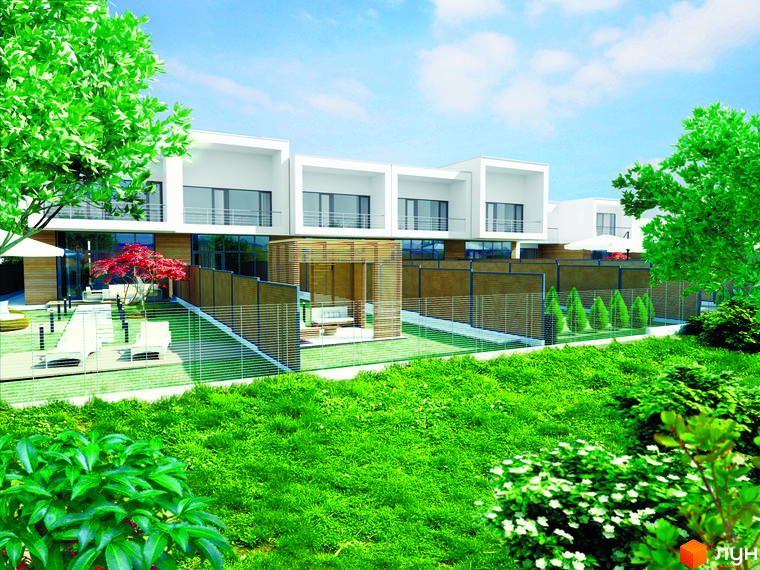 Таунхауси Green side з білими фасадами, балконами та дерев'яним оздобленням. Навколо будівель зелений газон, дерева та облаштована зона відпочинку.