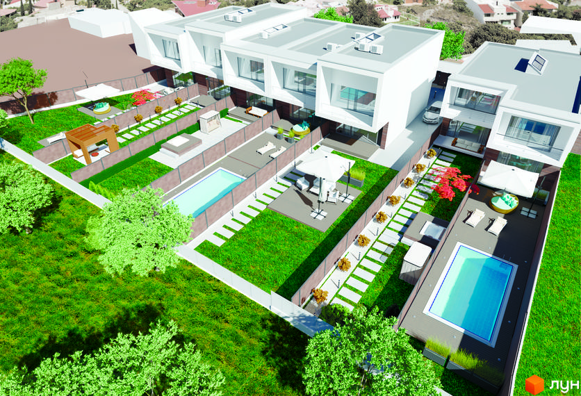 Таунхауси Green side з білими фасадами та великими вікнами. На прибудинковій території розташовані басейни, газони та зони відпочинку.