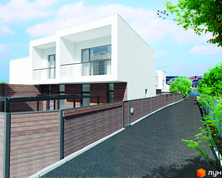 Білі таунхауси Green side з балконами та дерев'яними елементами на фасаді, поруч довгий дерев'яний паркан і дорога.