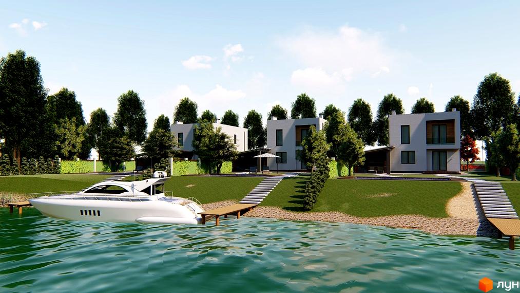 Візуалізація котеджного містечка Canoe. На березі розташовані будинки з білими фасадами, поруч причал та яхта. На території є зелені насадження.