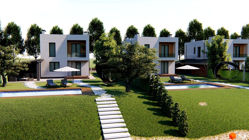 Котеджне містечко Canoe: світлі будинки з великими вікнами та приватними басейнами, доглянута прибудинкова територія з газонами та деревами.