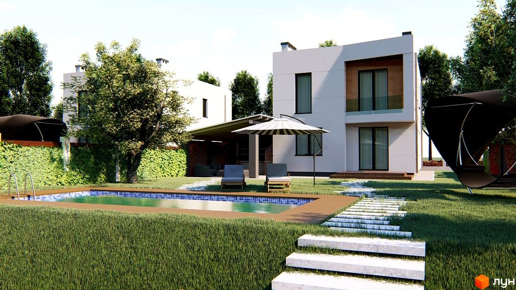 Зображення будинку в Котеджному містечку Canoe з басейном на подвір'ї. Ландшафтний дизайн з доріжками та зеленим газоном.