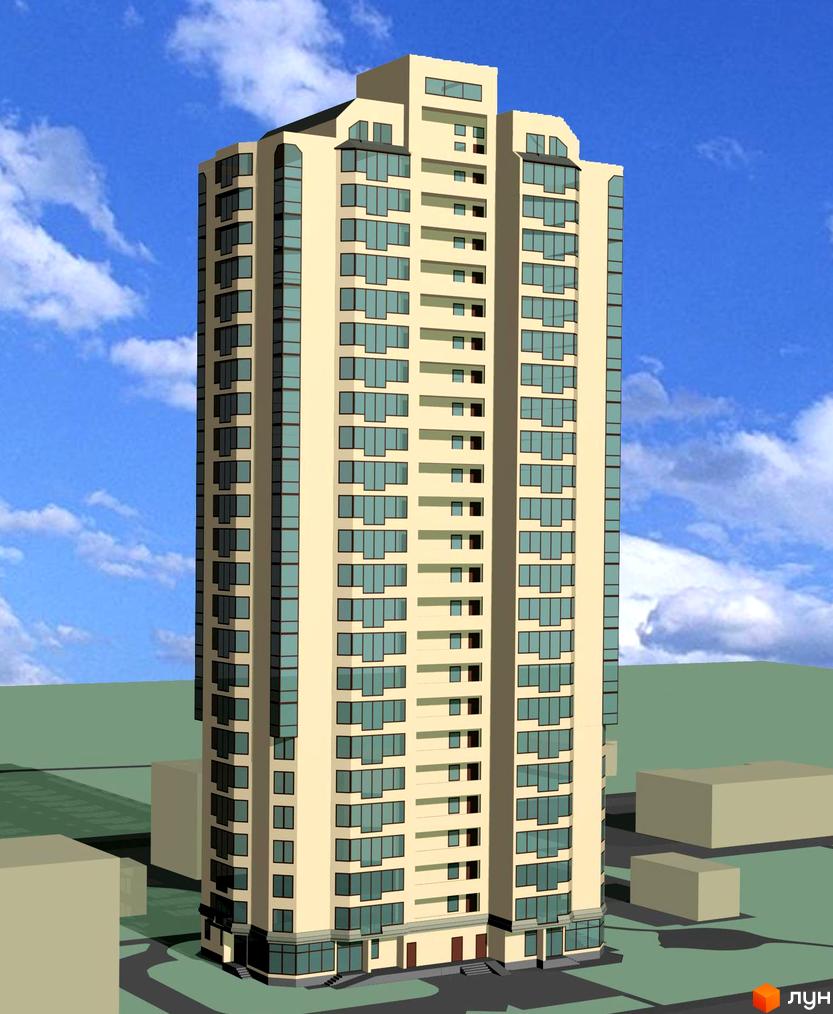 Висотна будівля з великою кількістю вікон та балконів. Навколо будинку зелені насадження та інші будівлі.