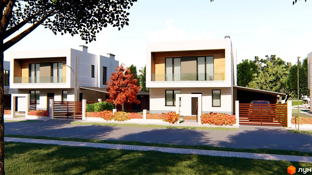 Зображення двоповерхового будинку в Котеджному містечку Canoe з білим фасадом та великими вікнами, огородженого декоративним парканом.