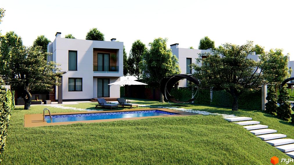 Будинки в Котеджному містечку Canoe з басейном та зоною відпочинку на території. Зелена зона з газоном та доріжками з плитки.