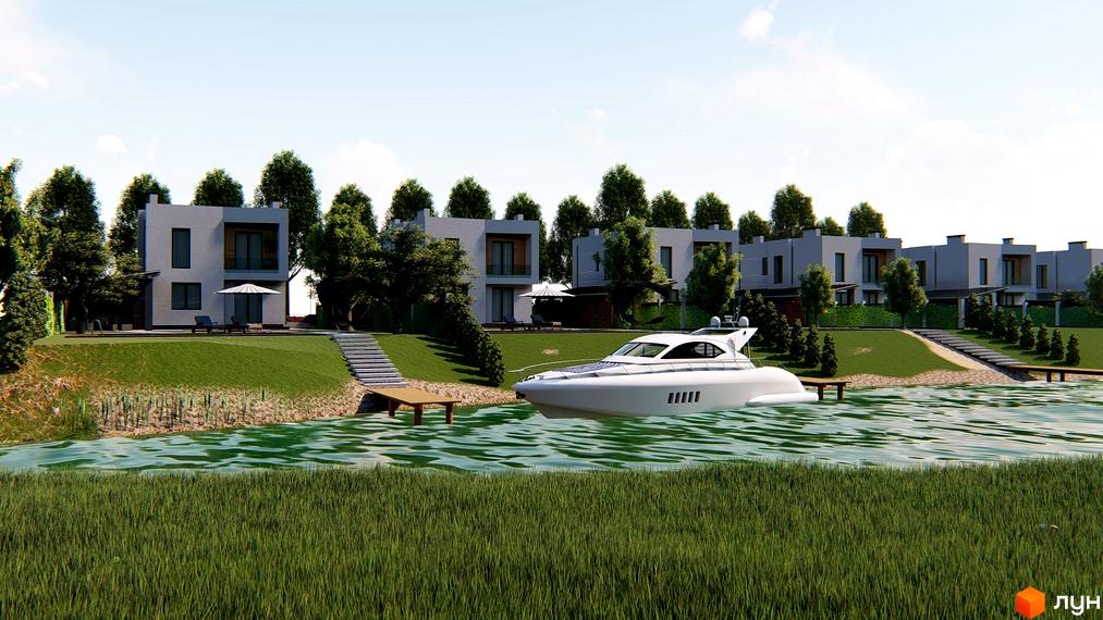 Котеджне містечко Canoe з сучасними будинками з видом на воду. На території комплексу є газони, дерева та причал для яхт.