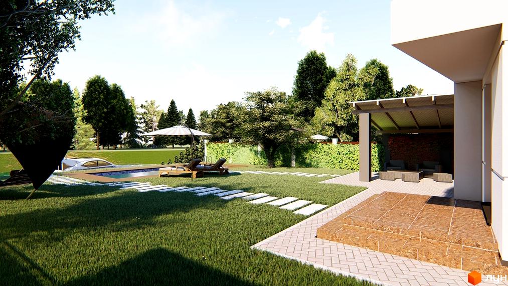 Зображення будинку в Котеджному містечку Canoe з басейном та зоною відпочинку. Навколо зелений газон та дерева.