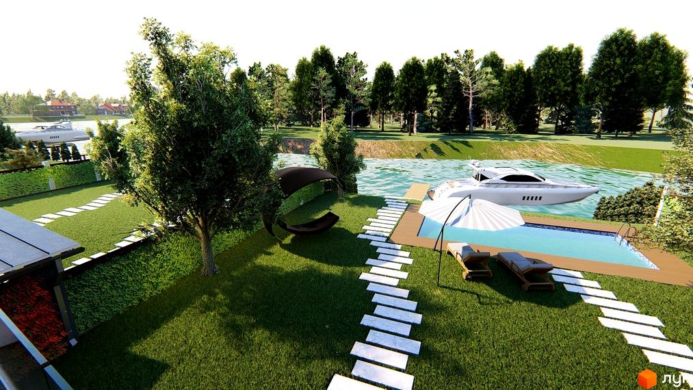 Зображення Котеджного містечка Canoe з басейном та яхтою на річці. Навколо зелені насадження та доглянутий газон.