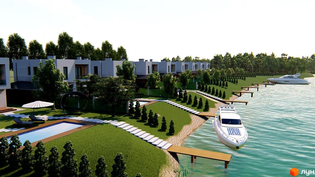 Зображення Котеджного містечка Canoe з будинками біля озера, де пришвартовані човни. На території басейн, зелені насадження та доріжки.