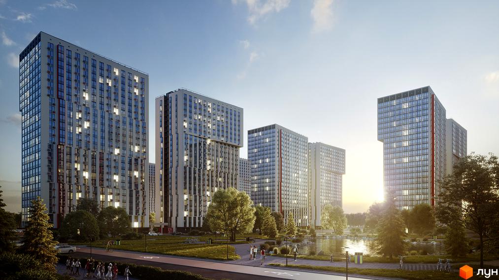 Житловий комплекс Urban Park з високими будинками та великою кількістю вікон. Навколо комплексу зелена зона з деревами та водоймою, облаштована пішохідна доріжка.