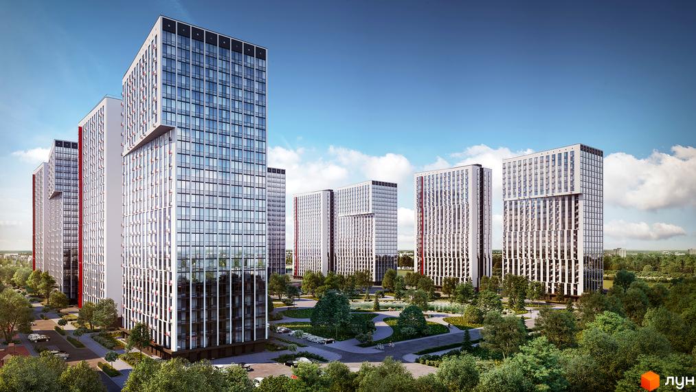 Житловий комплекс Urban Park: високі будинки з панорамним склінням та білими фасадами, оточені зеленими зонами та доріжками.