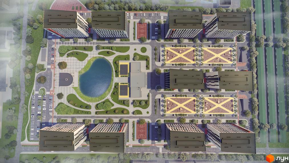 Аерофотозйомка житлового комплексу Urban Park з висоти пташиного польоту. На зображенні видно багатоповерхові будинки, водойму, дитячі майданчики та спортивні зони.