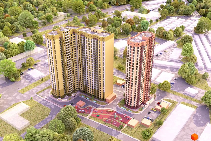 Високі будинки житлового комплексу з великою кількістю вікон. На території є дитячий майданчик та парковка для автомобілів.