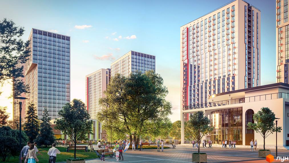Житловий комплекс Urban Park - високі будинки з панорамними вікнами та зелена прибудинкова територія з місцями для відпочинку. Сучасна архітектура та комфортне міське життя.