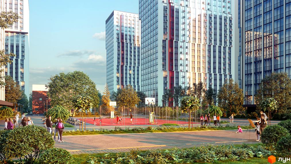 Житловий комплекс Urban Park з високими будинками та спортивним майданчиком. На території комплексу розташовані зелені зони та місця для відпочинку.