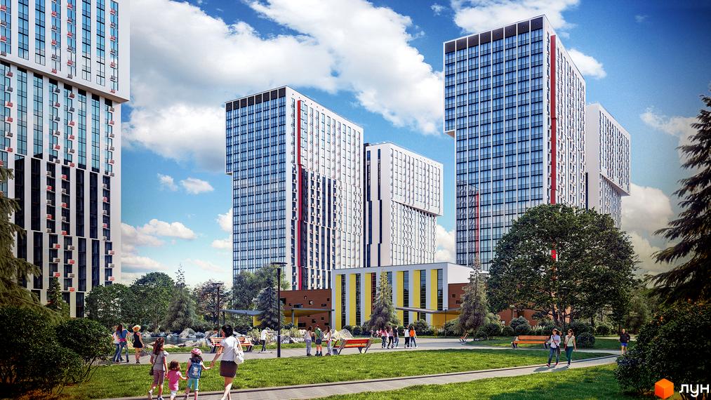 Житловий комплекс Urban Park: висотні будівлі з панорамним склінням та червоними акцентами. Зелена прибудинкова територія з алеями та місцями для відпочинку.