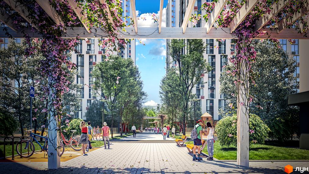 Житловий комплекс Urban Park: фасади будівель та зелена прибудинкова територія з перголою, квітами та місцями для відпочинку. Велодоріжки та дитячий майданчик.
