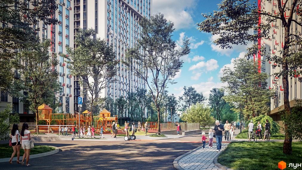 Житловий комплекс Urban Park з дитячим майданчиком та зонами для відпочинку. Сучасна архітектура будинків та упорядкована прибудинкова територія.