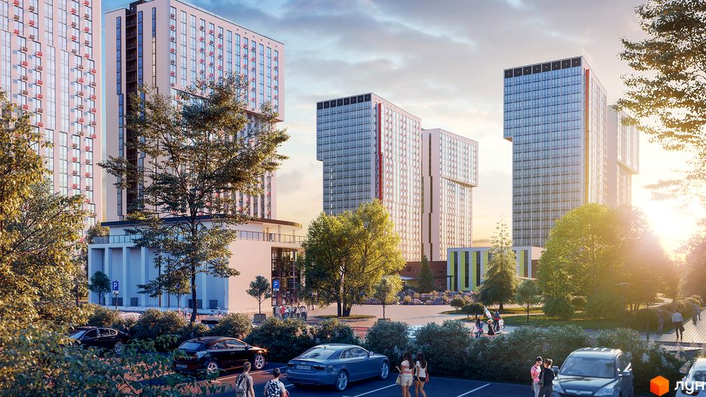 Житловий комплекс Urban Park: високі будівлі з панорамними вікнами та червоними акцентами на фасадах. Прибудинкова територія з деревами та місцями для паркування.
