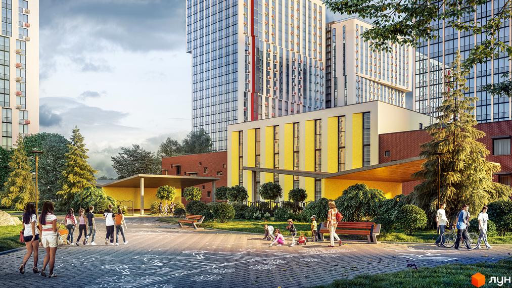 Житловий комплекс Urban Park з високими будинками та жовтою оздобою фасаду. На прибудинковій території діти граються, дорослі прогулюються.