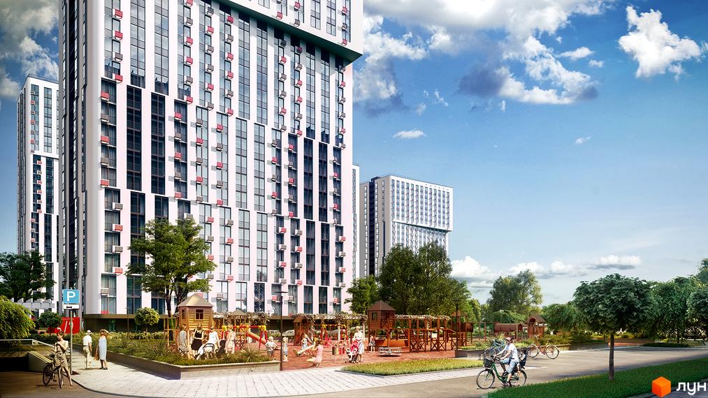 Житловий комплекс Urban Park з сучасними фасадами та дитячим майданчиком. Навколо комплексу зелені насадження та зона для відпочинку.
