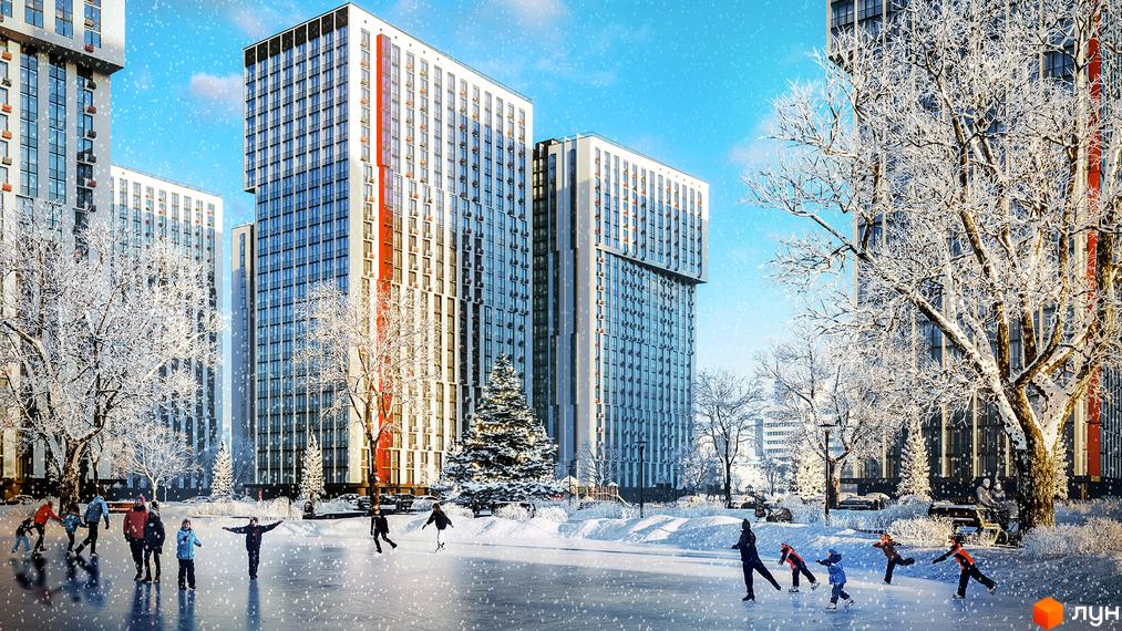 Житловий комплекс Urban Park взимку. Люди катаються на ковзанах біля висотних будинків з панорамними вікнами та червоними елементами. Навколо засніжені дерева та ялинки.