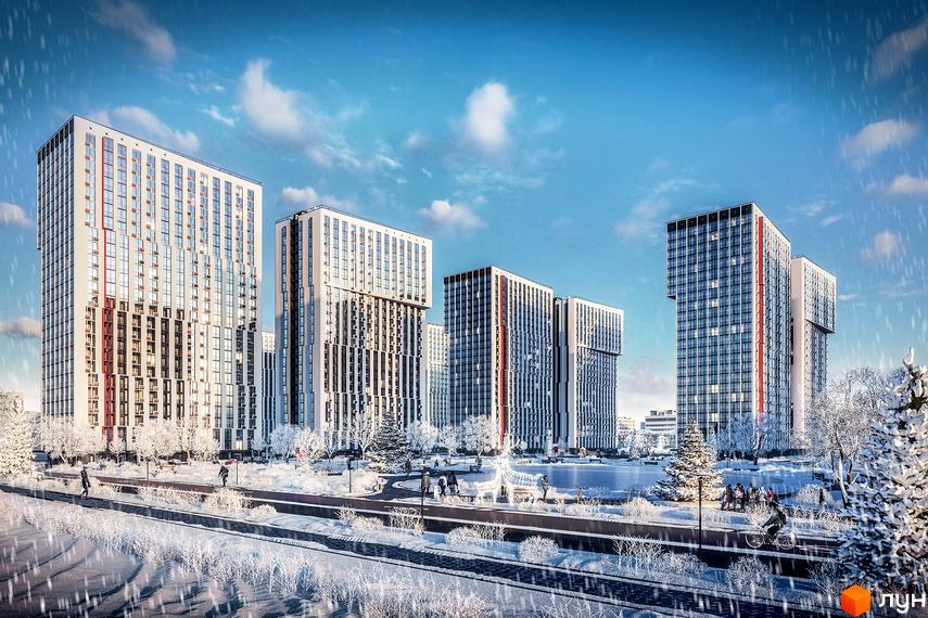 Житловий комплекс Urban Park: сучасні висотні будинки з панорамними вікнами в зимовому пейзажі. Навколо комплексу облаштована прибудинкова територія з деревами та пішохідними доріжками.