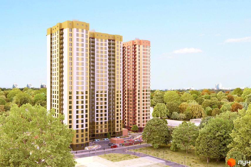 Високі житлові будинки з жовтими та коричневими фасадами. На території комплексу є зелені насадження, дитячий майданчик та парковка для автомобілів.