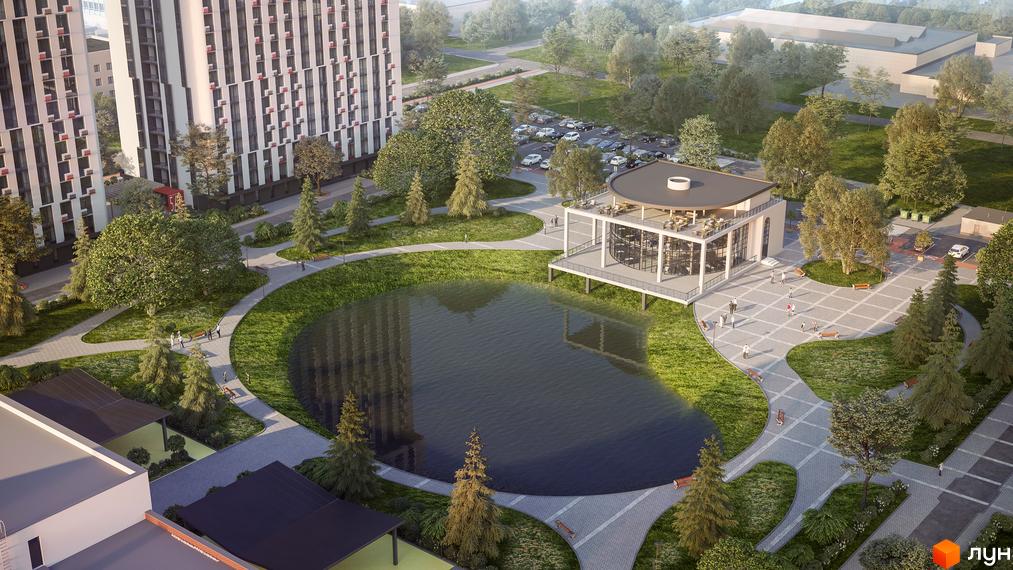 Житловий комплекс Urban Park: сучасна архітектура будинків та мальовнича прибудинкова територія з озером та зоною відпочинку.