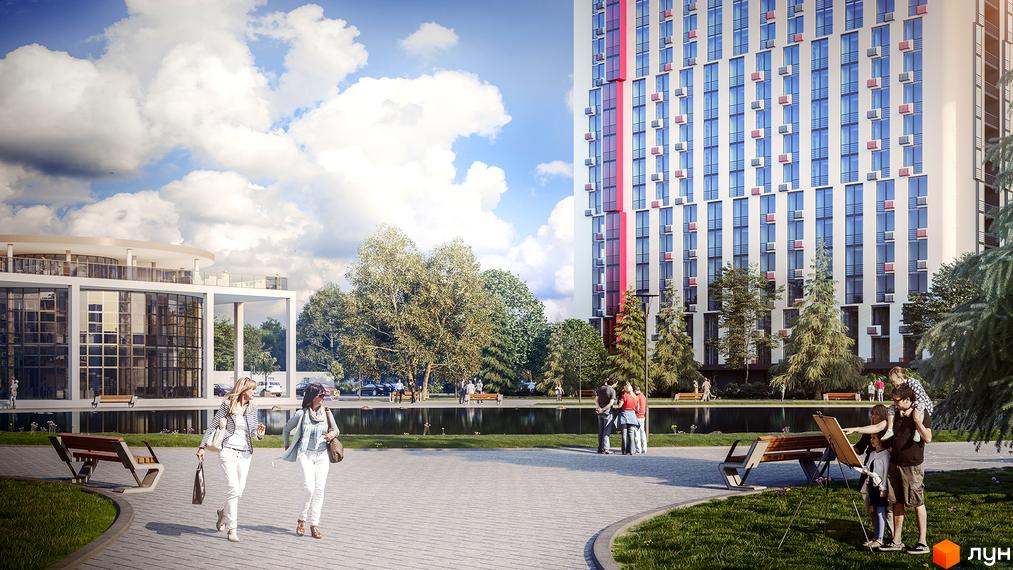 Житловий комплекс Urban Park - це сучасна новобудова з панорамними вікнами та просторою прибудинковою територією з ландшафтним дизайном. На зображенні видно зелену зону з озером та місцями для відпочинку.