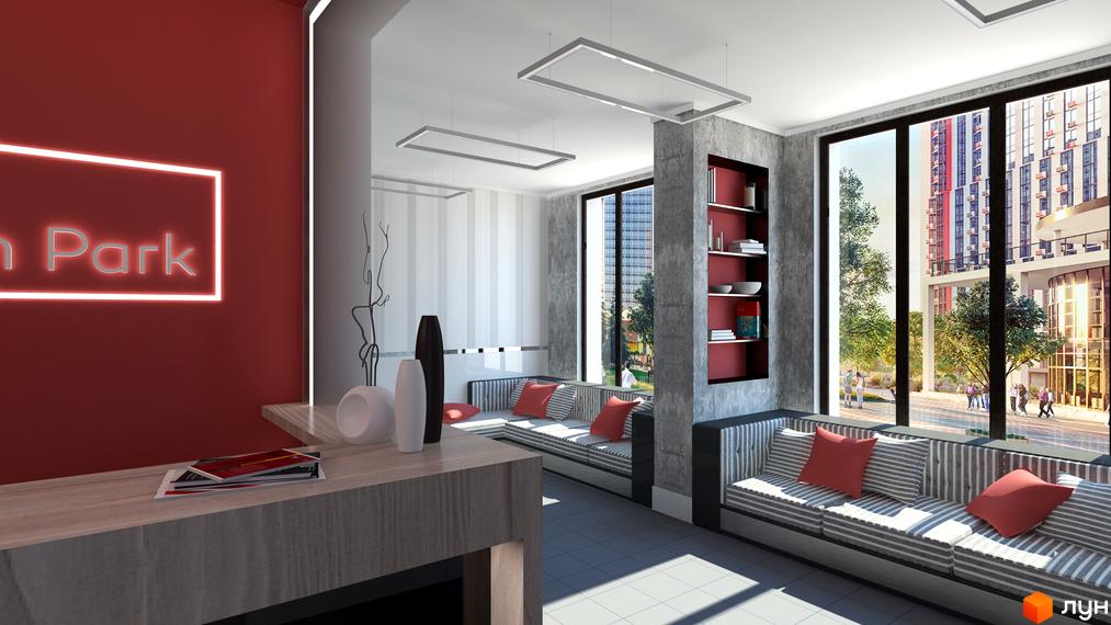 Інтер'єр лобі житлового комплексу Urban Park з диванами та книжковими полицями. За вікном видно будівлі комплексу та зелену зону.
