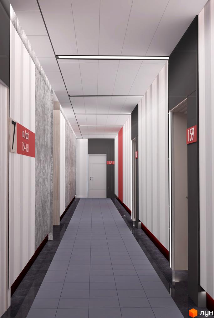Фотографія коридору в житловому комплексі Urban Park. Сучасний дизайн з сірими та білими стінами, підлогою з плитки та освітленням.