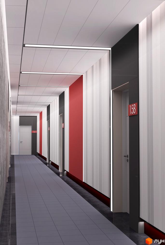 Коридор у новобудові ЖК Urban Park з дверима та номерами квартир. Сучасний дизайн інтер'єру з освітленням та оздобленням стін.