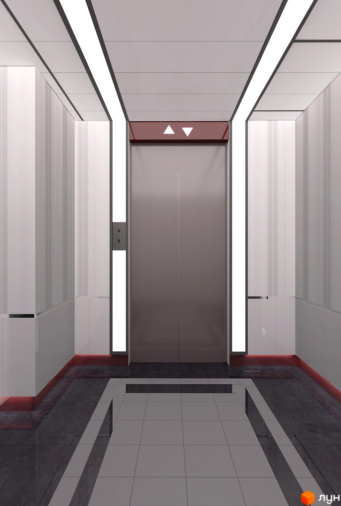 Інтер'єр ліфта в новобудові ЖК Urban Park. Сучасний дизайн ліфта з металевими дверима, підсвічуванням та панеллю керування.