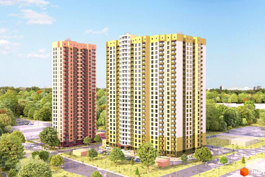 Високі будинки житлового комплексу з великою кількістю вікон. На прибудинковій території висаджені дерева та облаштовані алеї для прогулянок.