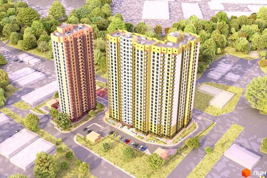 Житловий комплекс з двома висотними будинками. На прибудинковій території є парковка, зелені насадження та дитячий майданчик.