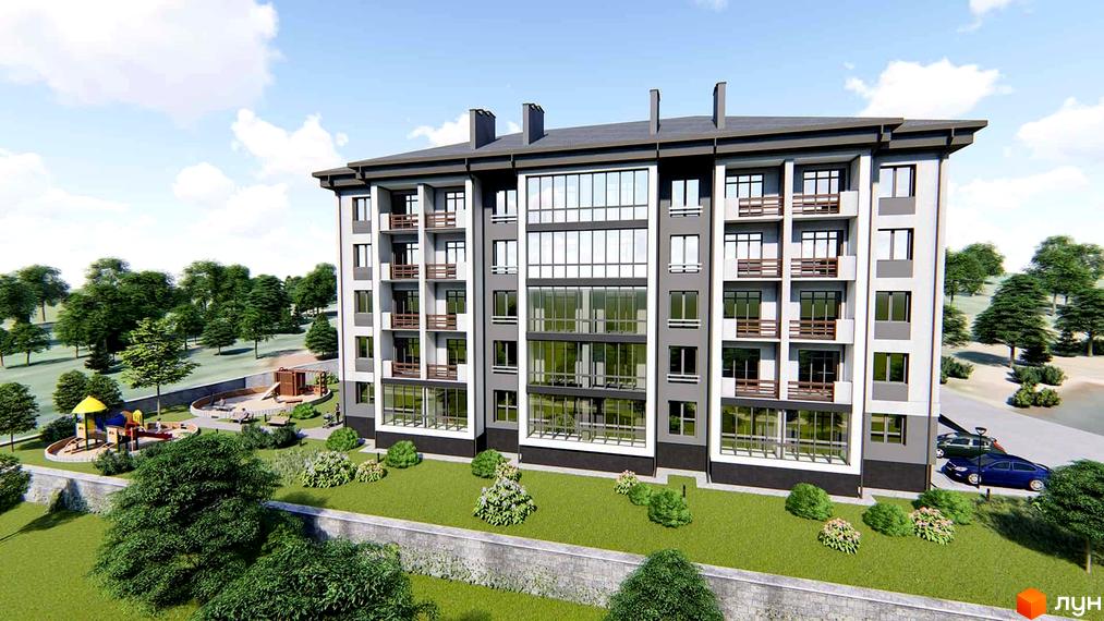 Багатоповерховий будинок ЖК Університетський з великими вікнами та балконами. На території є дитячий майданчик, зелені насадження та парковка.