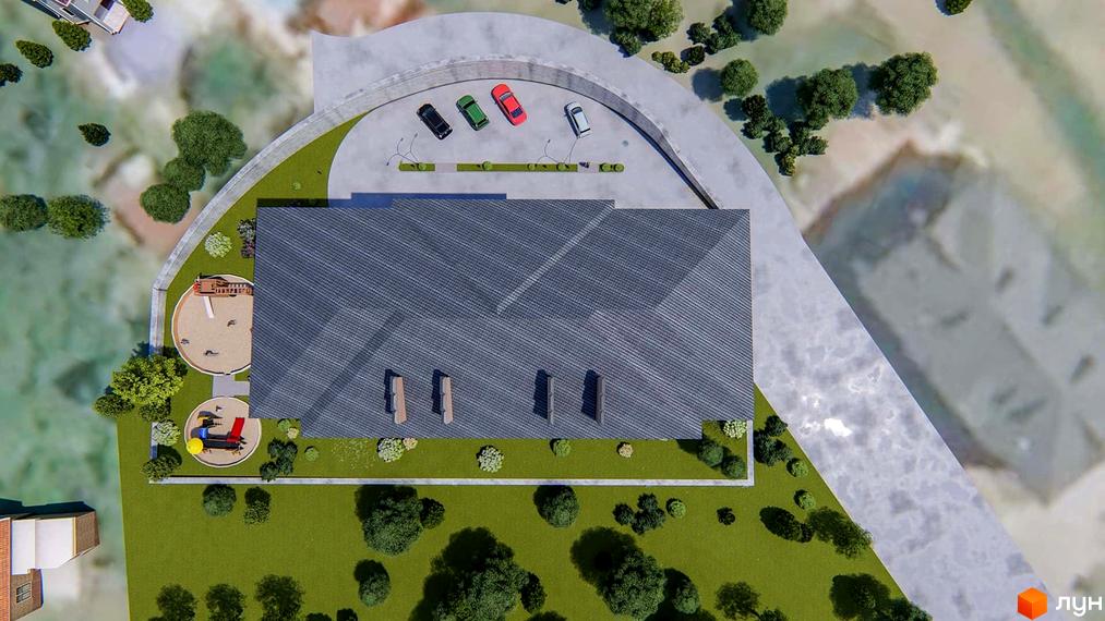 Вид зверху на будівлю Житлового комплексу Університетський з парковкою та дитячим майданчиком. Сірий дах, зелена територія, доріжки та дерева.