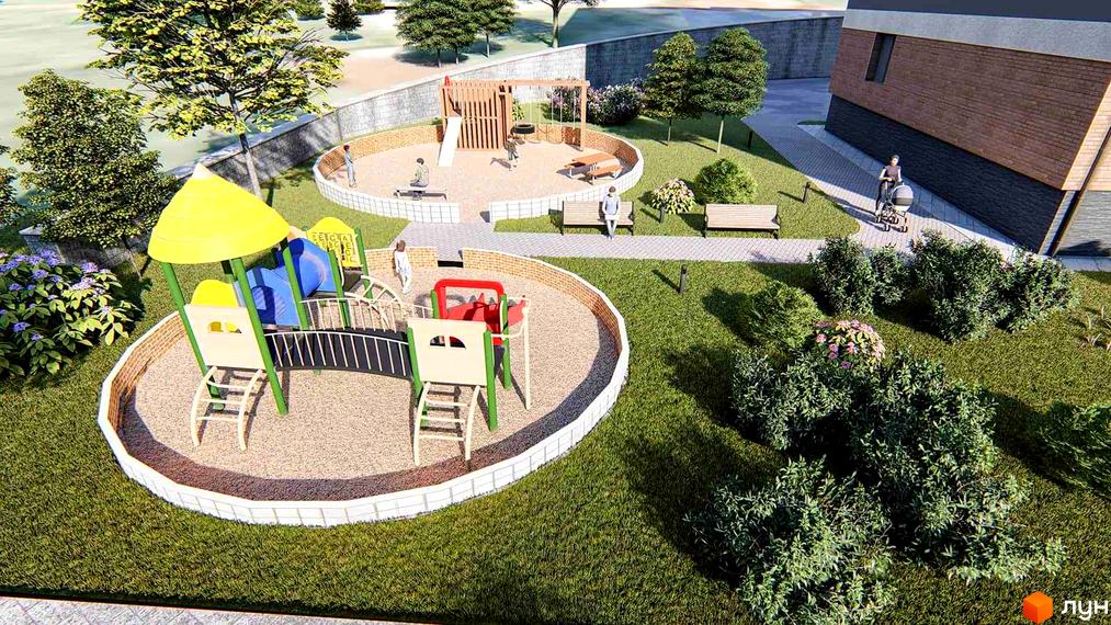 Зображення дитячого майданчика у Житловому комплексі Університетський. На території є гірки, гойдалки, лавки та зелені насадження.