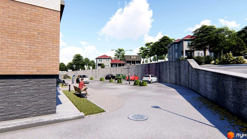 Зображення житлового комплексу з парковкою та будинками з червоними дахами. Поряд з будинками розташовані дерева та зелені насадження.