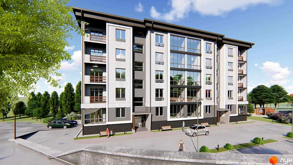 Багатоповерховий будинок ЖК Університетський з великими вікнами та балконами. На прибудинковій території парковка та зелені насадження.