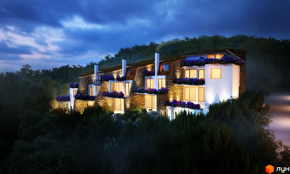 Зображення таунхаусу «Городской дом» на тлі вечірнього неба. Будинки з кам'яним облицюванням та квітами на балконах, розташовані серед зелені.