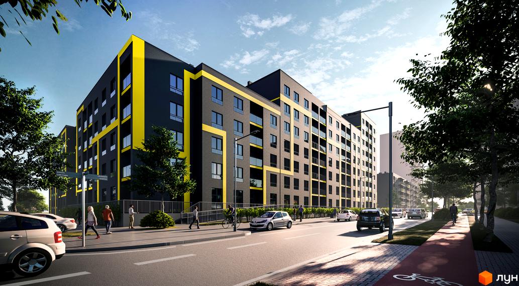 Зображення фасаду житлового комплексу Шенген. Багатоповерховий будинок з жовтими вставками та прибудинковою територією.